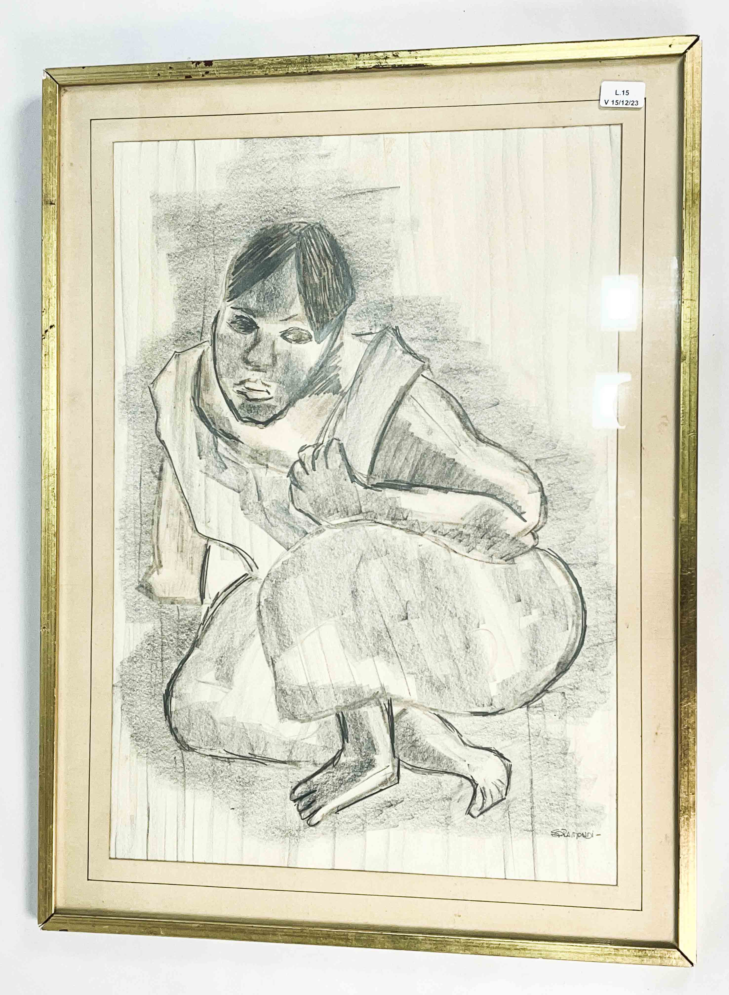 Un cuadro a lapiz blanco y negro, motivo: Dama sentada. Firmado  Sopamondi. Mide: 32 x 45 cm y marc